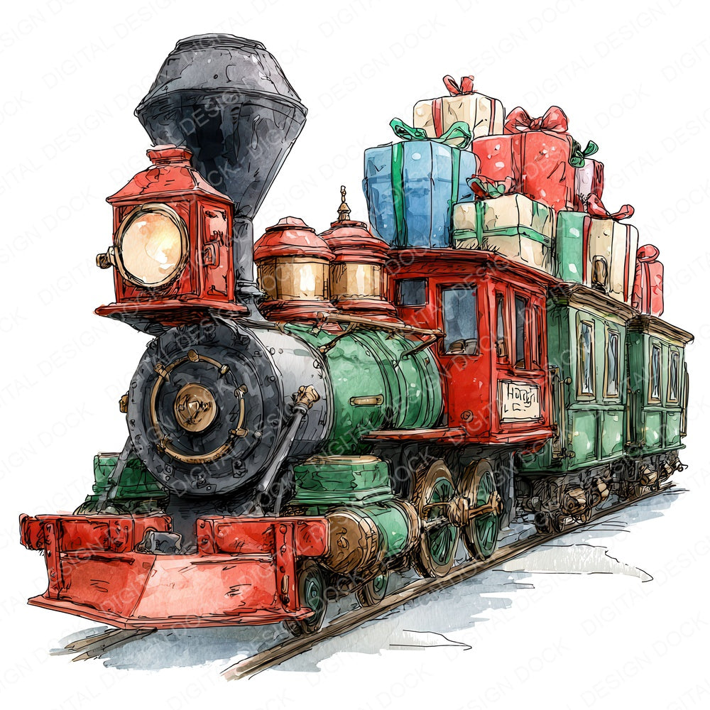 Christmas Watercolour Toy Train fussy cut sheet in A4 format showing all 12 designs on one printable page