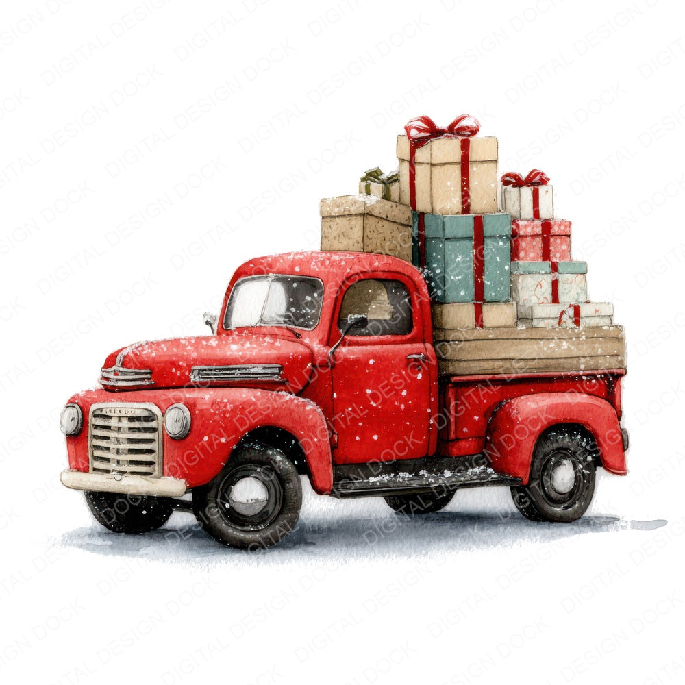 Christmas Watercolour Truck Presents fussy cut sheet in A4 format showing all 12 designs on one printable page