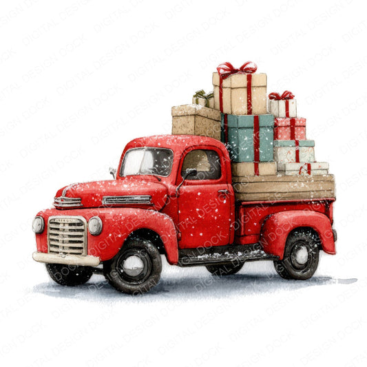 Christmas Watercolour Truck Presents fussy cut sheet in A4 format showing all 12 designs on one printable page