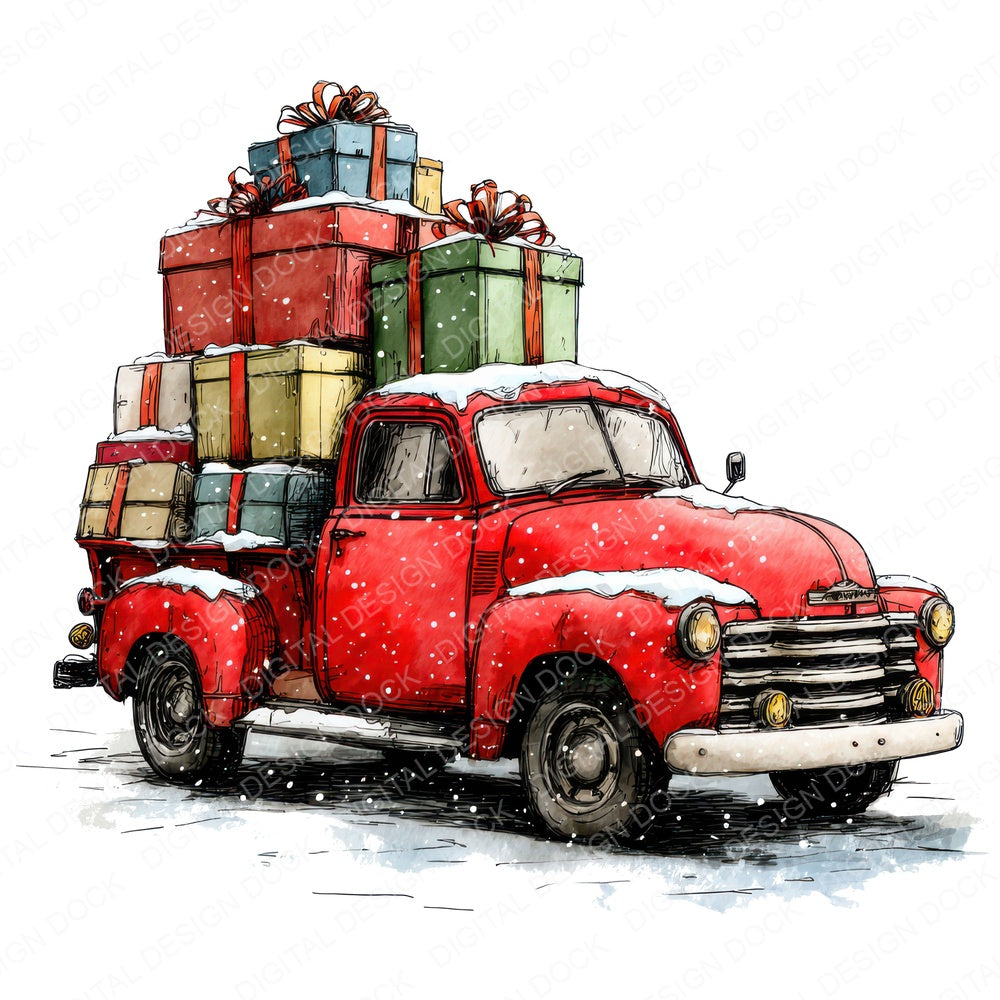 Christmas Watercolour Truck Presents fussy cut sheet in US Letter format showing all 12 designs on one printable page