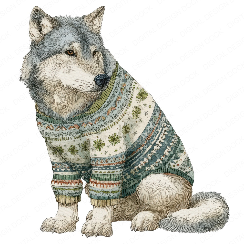 Christmas Wolf in Jumper fussy cut sheet in A4 format showing all 12 designs on one printable page