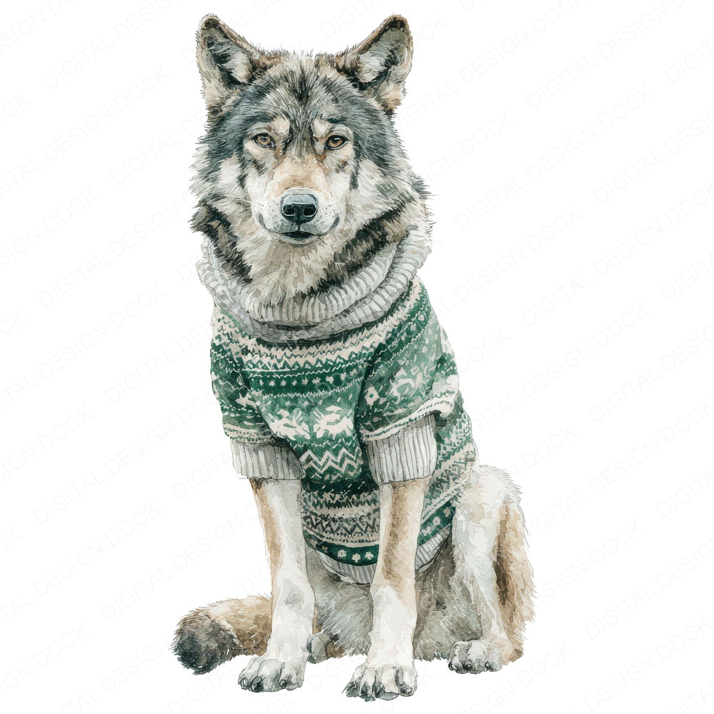 Christmas Wolf in Jumper fussy cut sheet in US Letter format showing all 12 designs on one printable page