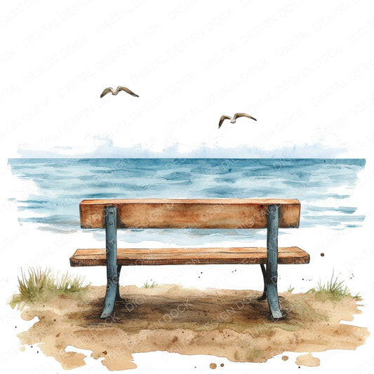 Coastal Bench Scene fussy cut sheet in A4 format showing all 12 designs on one printable page