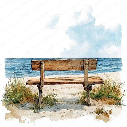 Coastal Bench Scene fussy cut sheet in US Letter format showing all 12 designs on one printable page