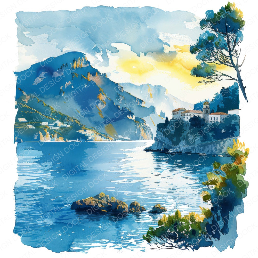Coastal Landscape Amalfi Coast in Italy fussy cut sheet in A4 format showing all 12 designs on one printable page