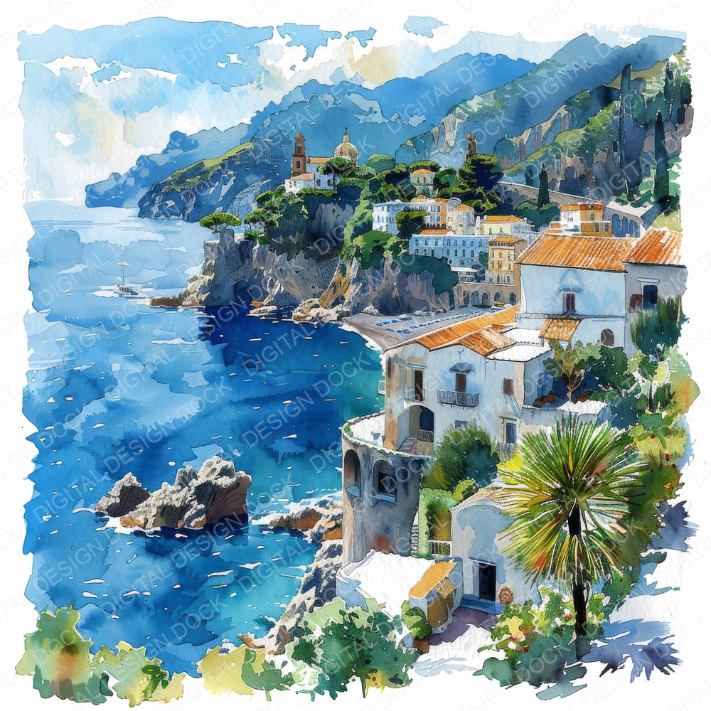 Coastal Landscape Amalfi Coast in Italy fussy cut sheet in US Letter format showing all 12 designs on one printable page
