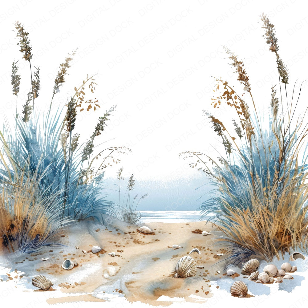 Coastal Sand Dunes with Seashells fussy cut sheet in A4 format showing all 12 designs on one printable page