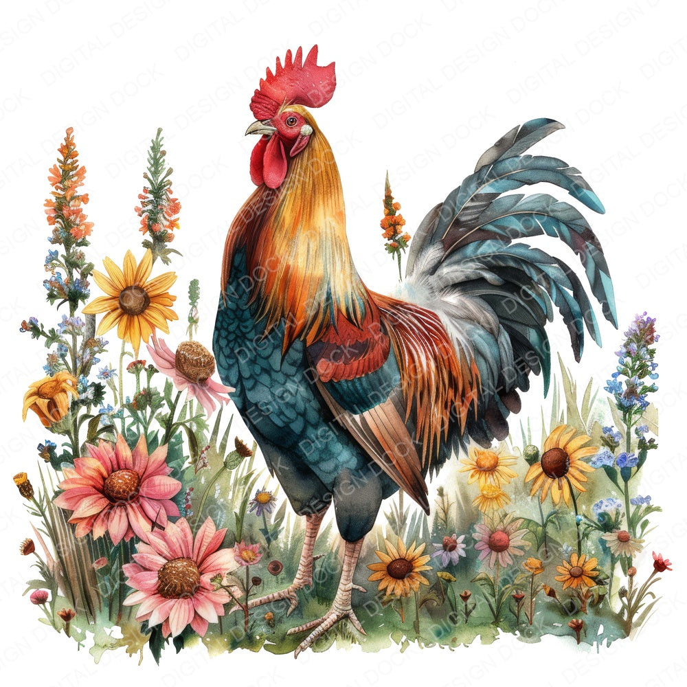 Cockerel in Wildflowers fussy cut sheet in A4 format showing all 12 designs on one printable page