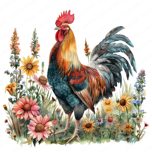 Cockerel in Wildflowers fussy cut sheet in A4 format showing all 12 designs on one printable page