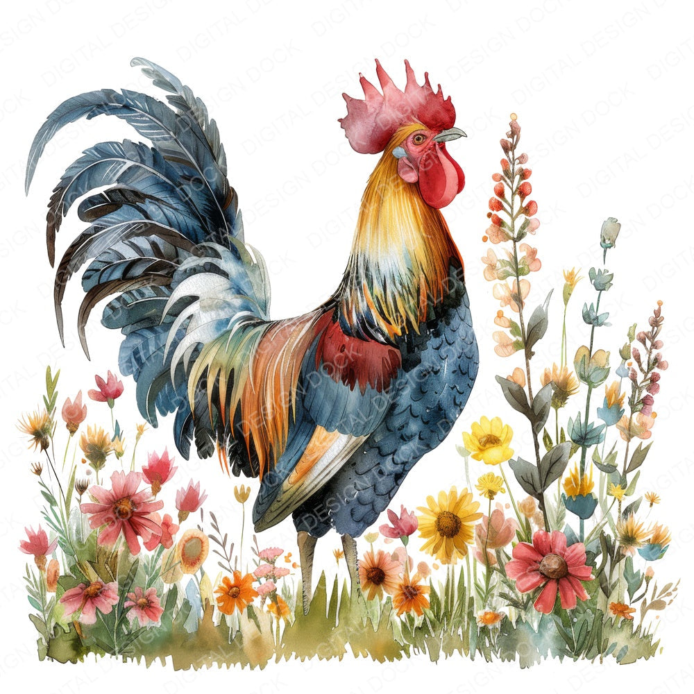 Cockerel in Wildflowers fussy cut sheet in US Letter format showing all 12 designs on one printable page