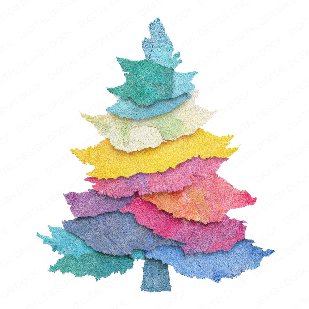 Collage Rainbow Christmas Tree fussy cut sheet in A4 format showing all 12 designs on one printable page