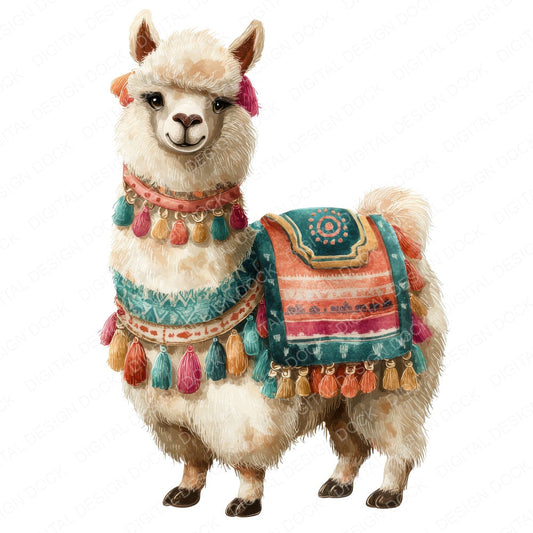 Colourful Blanket Llama fussy cut sheet in US Letter format showing all 12 designs on one printable page