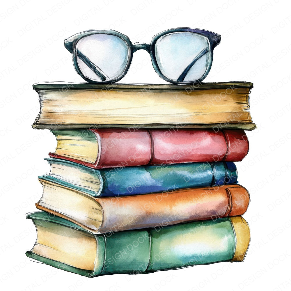 Colourful Book Stack with Glasses fussy cut sheet in US Letter format showing all 12 designs on one printable page
