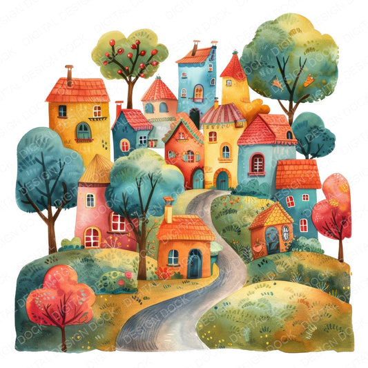 Colourful Cartoon Village fussy cut sheet in A4 format showing all 12 designs on one printable page