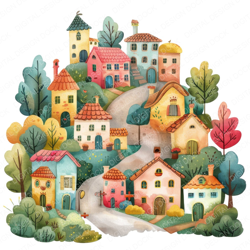 Colourful Cartoon Village fussy cut sheet in US Letter format showing all 12 designs on one printable page