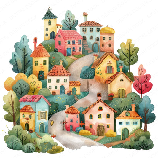 Colourful Cartoon Village fussy cut sheet in US Letter format showing all 12 designs on one printable page