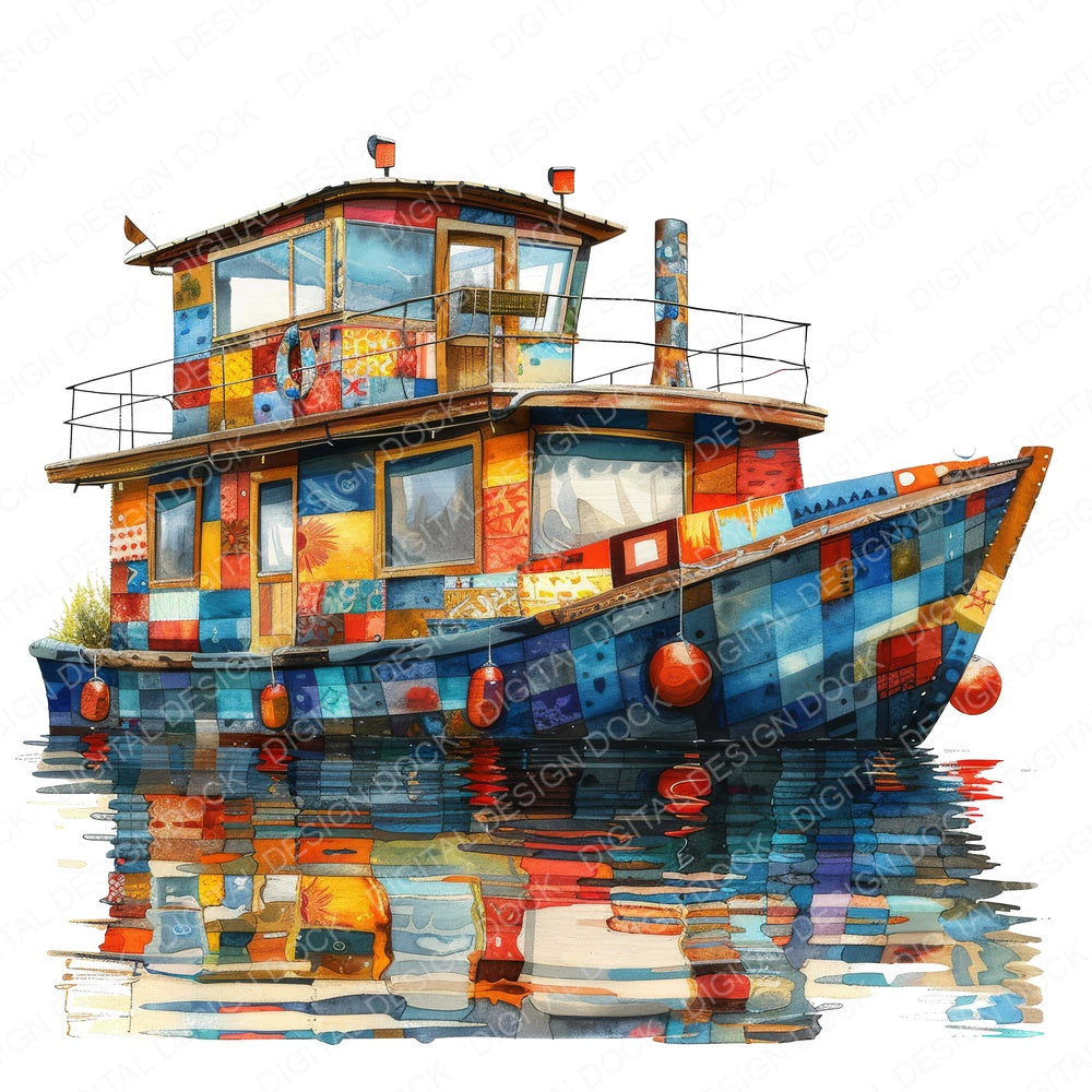 Colourful Houseboat fussy cut sheet in A4 format showing all 12 designs on one printable page