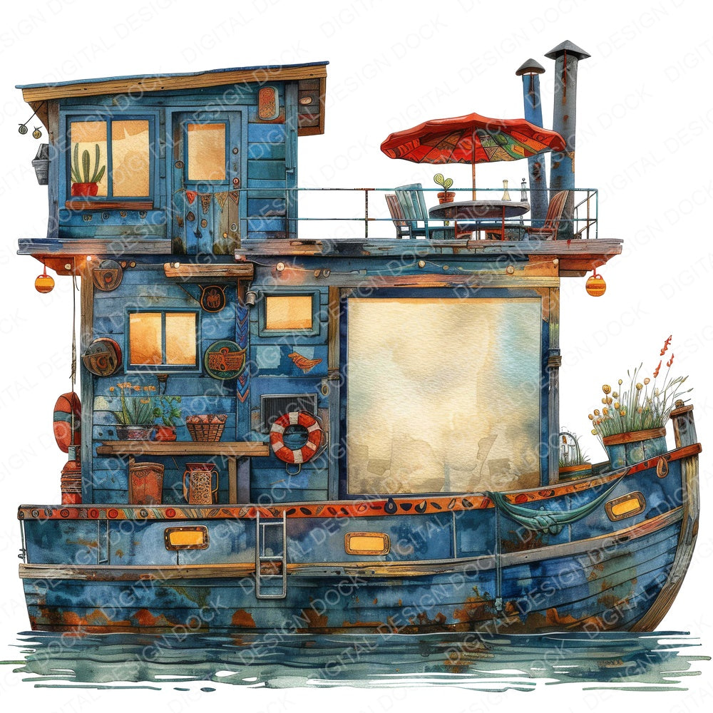 Colourful Houseboat fussy cut sheet in US Letter format showing all 12 designs on one printable page