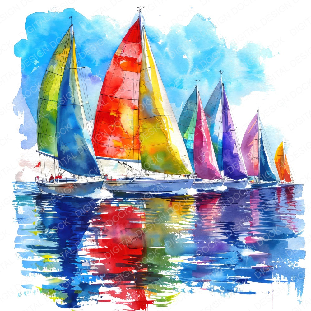 Colourful Sailboat Regatta fussy cut sheet in US Letter format showing all 12 designs on one printable page