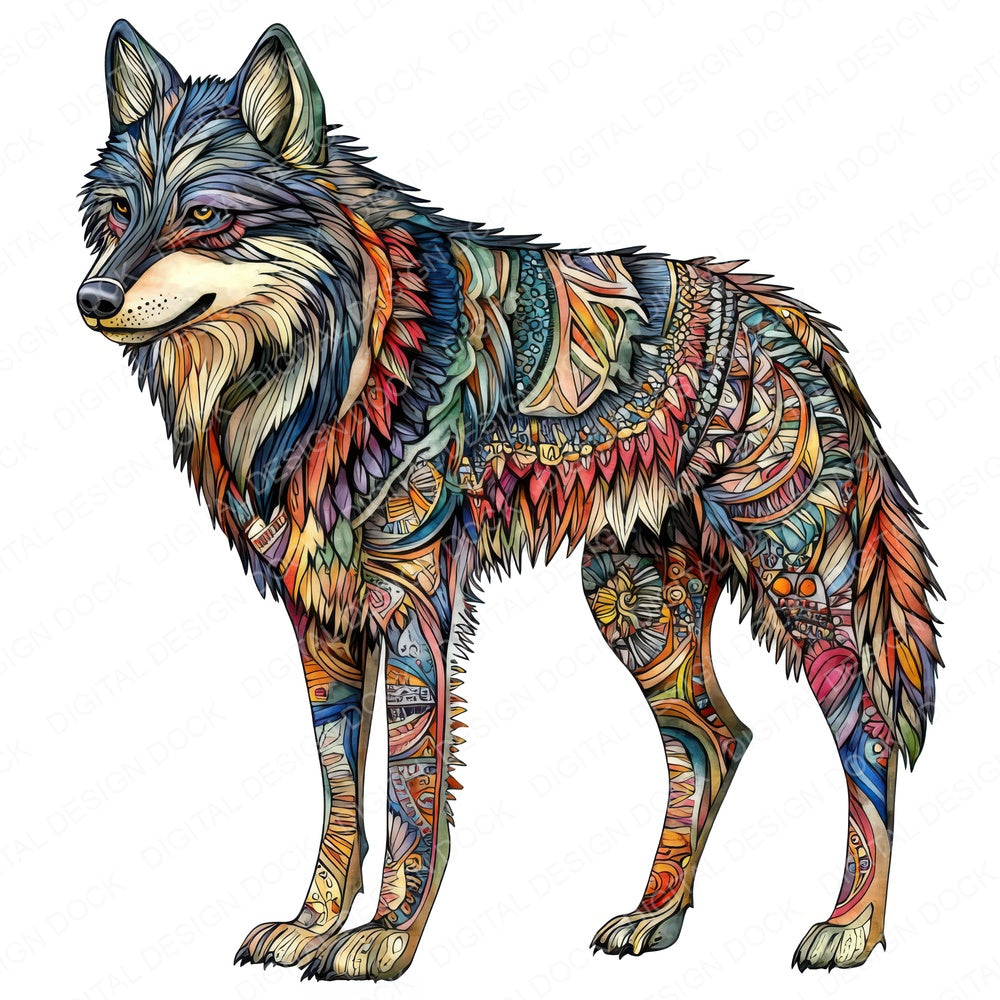 Colourful Tribal Wolf fussy cut sheet in A4 format showing all 12 designs on one printable page