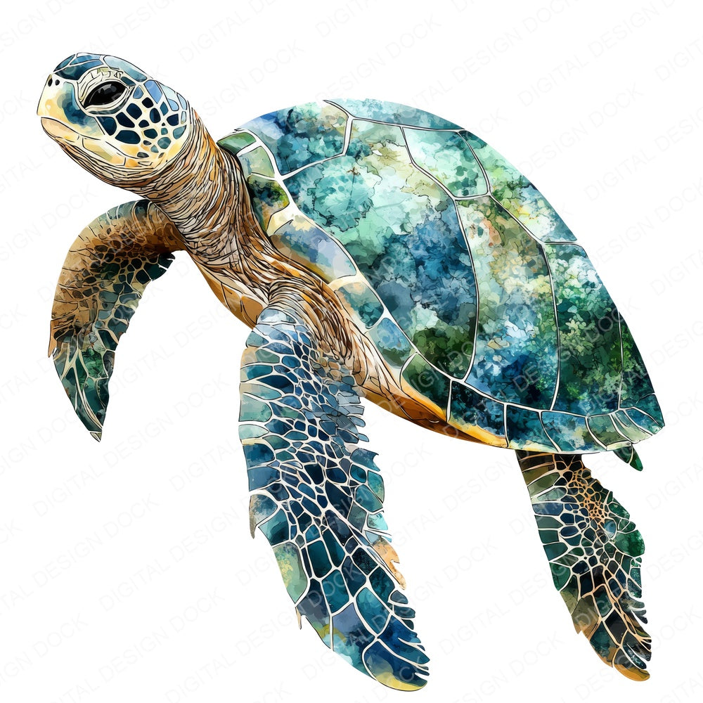 Colourful Watercolour Sea Turtle fussy cut sheet in US Letter format showing all 12 designs on one printable page