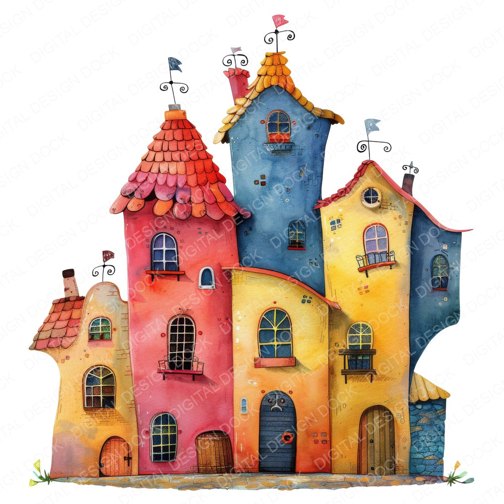 Colourful Whimsical House fussy cut sheet in A4 format showing all 12 designs on one printable page