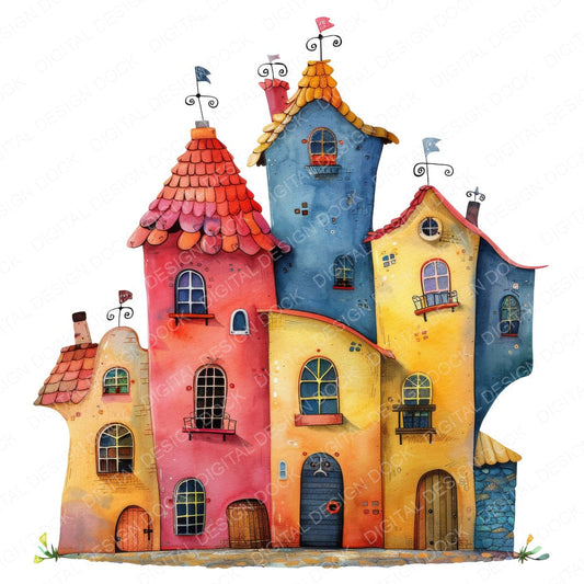 Colourful Whimsical House fussy cut sheet in A4 format showing all 12 designs on one printable page