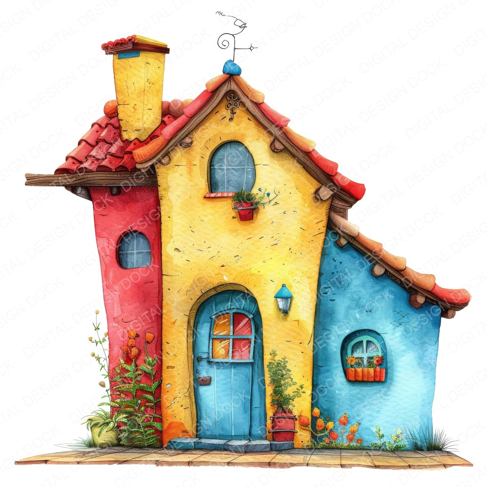 Colourful Whimsical House fussy cut sheet in US Letter format showing all 12 designs on one printable page