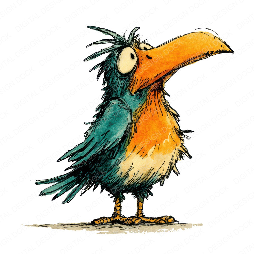 Comical Beak Bird Character fussy cut sheet in A4 format showing all 12 designs on one printable page