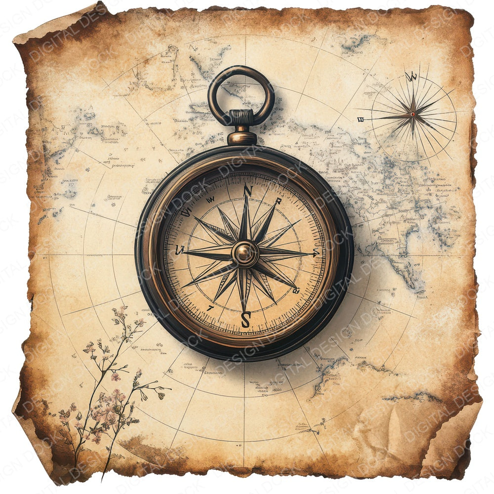 Compass on Old Map fussy cut sheet in A4 format showing all 12 designs on one printable page