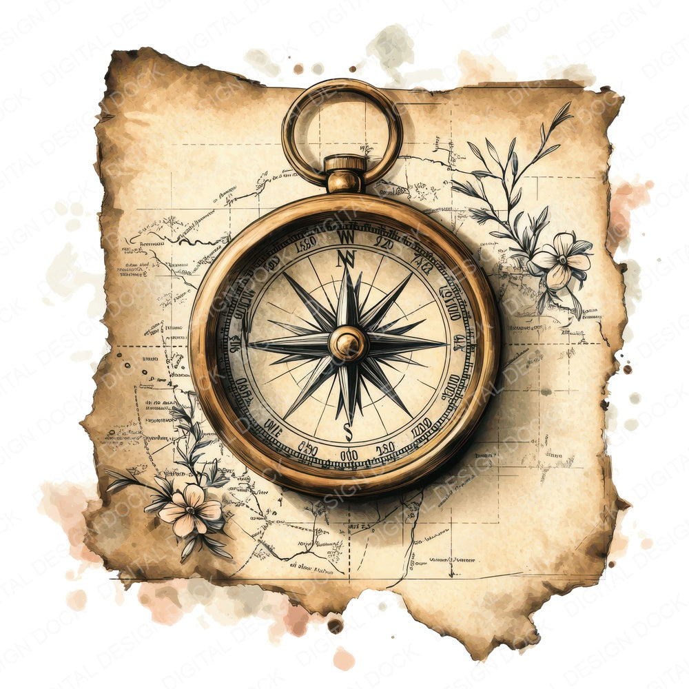 Compass on Old Map fussy cut sheet in US Letter format showing all 12 designs on one printable page