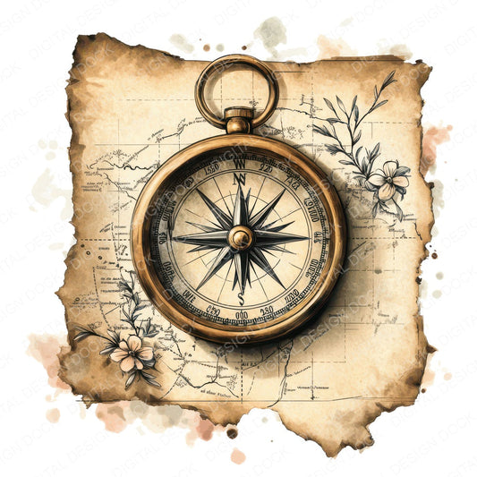 Compass on Old Map fussy cut sheet in US Letter format showing all 12 designs on one printable page