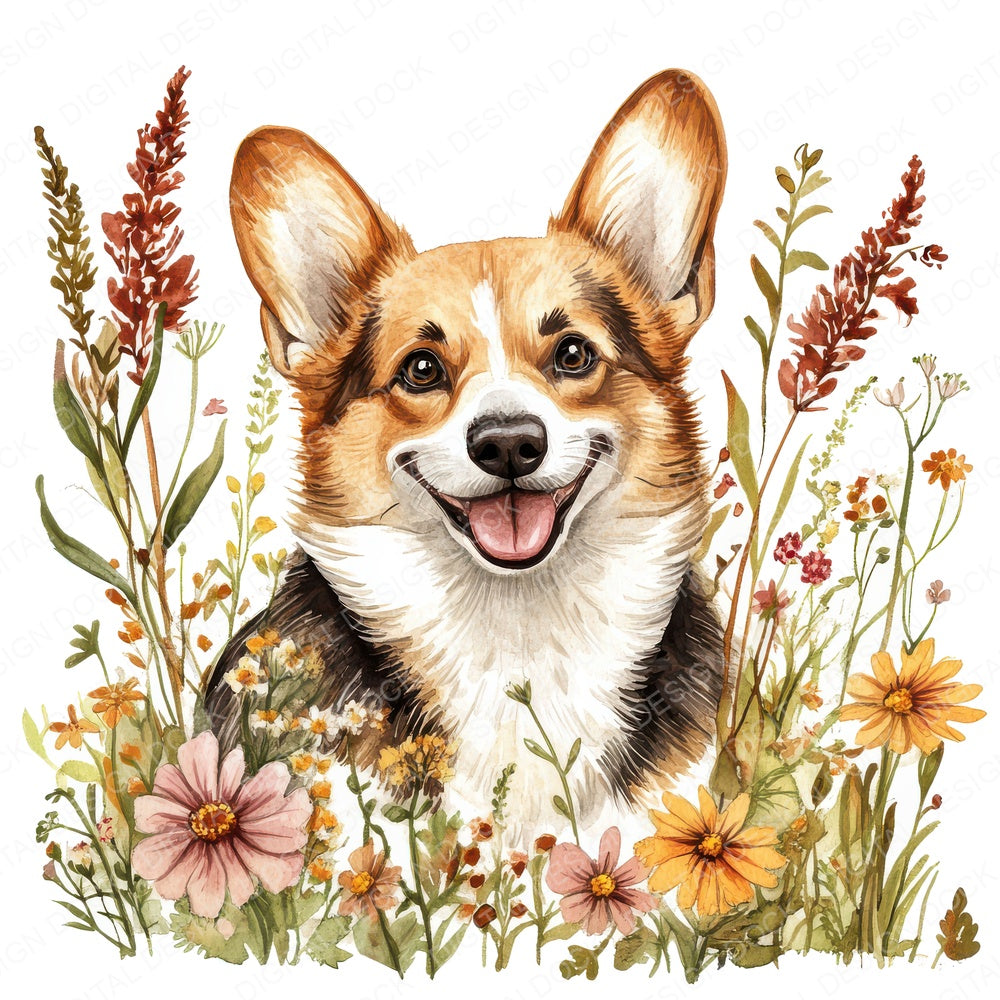Corgi Dog Wildflower fussy cut sheet in A4 format showing all 12 designs on one printable page