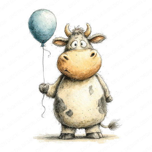 Cow Holding Balloon fussy cut sheet in A4 format showing all 12 designs on one printable page