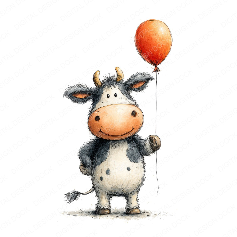 Cow Holding Balloon fussy cut sheet in US Letter format showing all 12 designs on one printable page