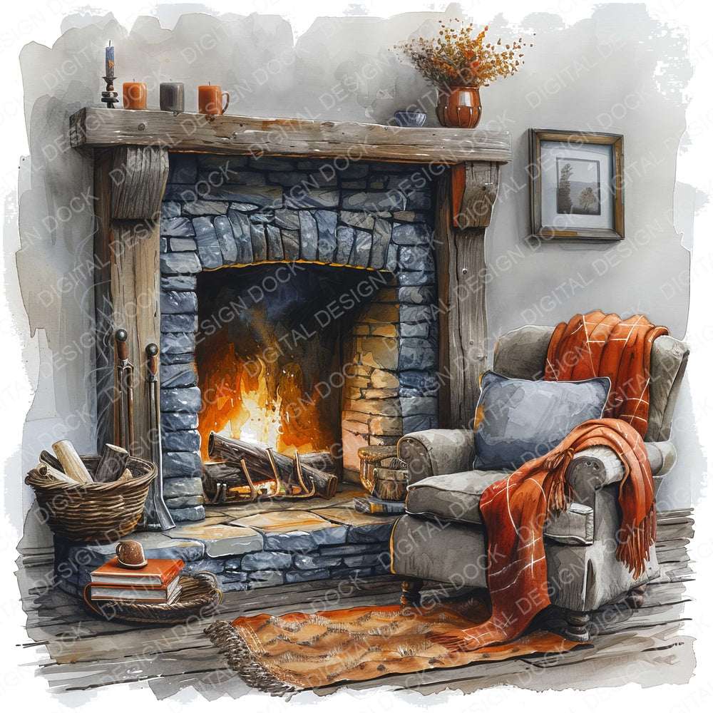 Cozy Chair next to Fireplace fussy cut sheet in A4 format showing all 12 designs on one printable page