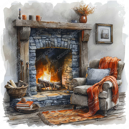 Cozy Chair next to Fireplace fussy cut sheet in A4 format showing all 12 designs on one printable page