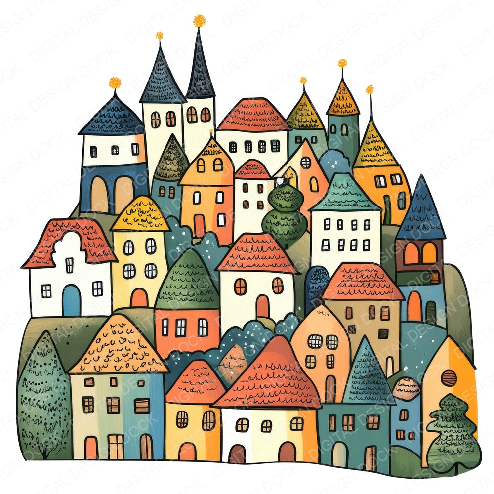 Cozy Mountain Village fussy cut sheet in A4 format showing all 12 designs on one printable page