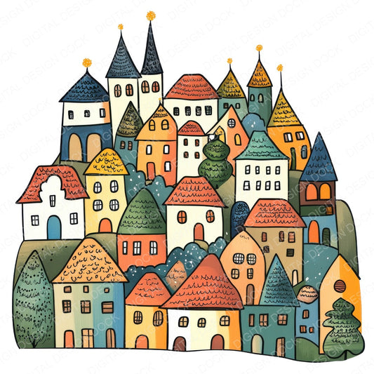 Cozy Mountain Village fussy cut sheet in A4 format showing all 12 designs on one printable page