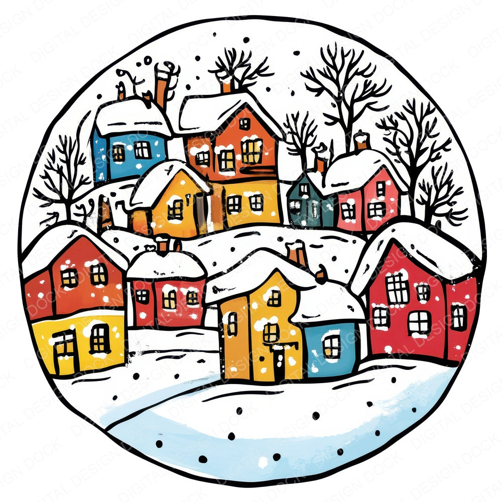 Cozy WInter Village Cartoon fussy cut sheet in A4 format showing all 12 designs on one printable page