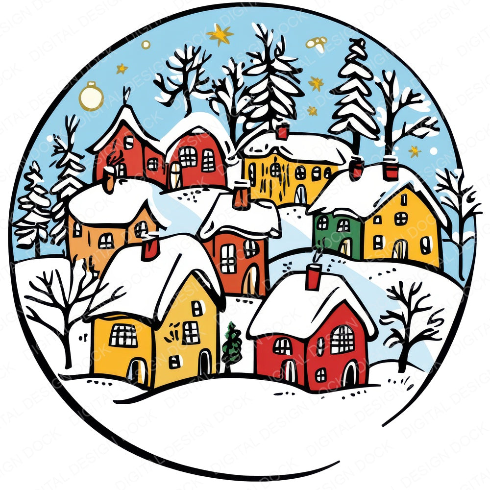 Cozy WInter Village Cartoon fussy cut sheet in US Letter format showing all 12 designs on one printable page