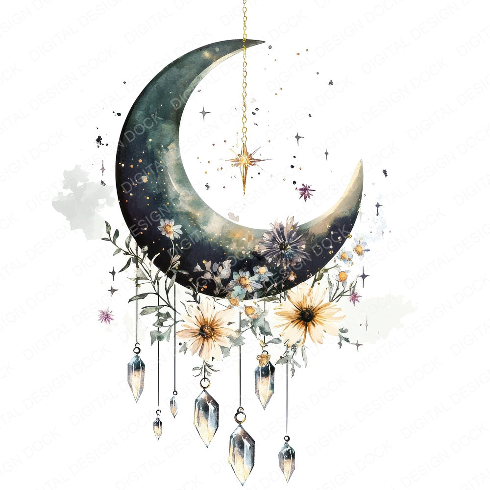 Crescent Moon Crystals and Flowers fussy cut sheet in US Letter format showing all 12 designs on one printable page
