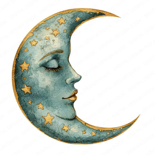 Crescent Moon with Face fussy cut sheet in A4 format showing all 12 designs on one printable page