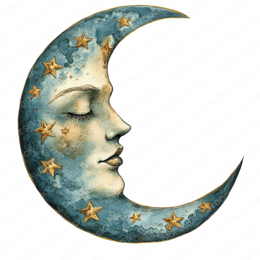 Crescent Moon with Face fussy cut sheet in US Letter format showing all 12 designs on one printable page