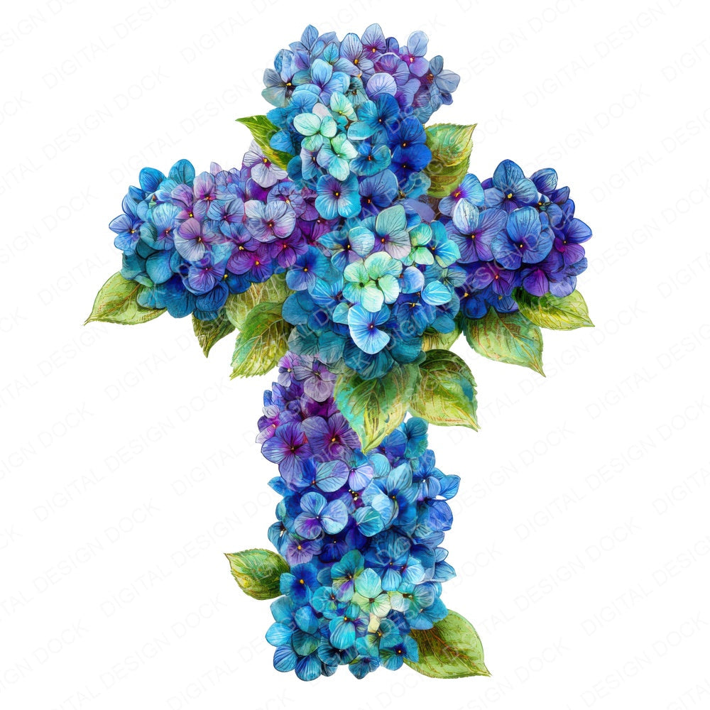 Cross with Blue Hydrangeas fussy cut sheet in A4 format showing all 12 designs on one printable page