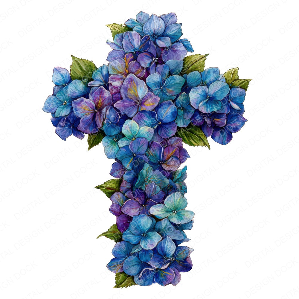 Cross with Blue Hydrangeas fussy cut sheet in US Letter format showing all 12 designs on one printable page