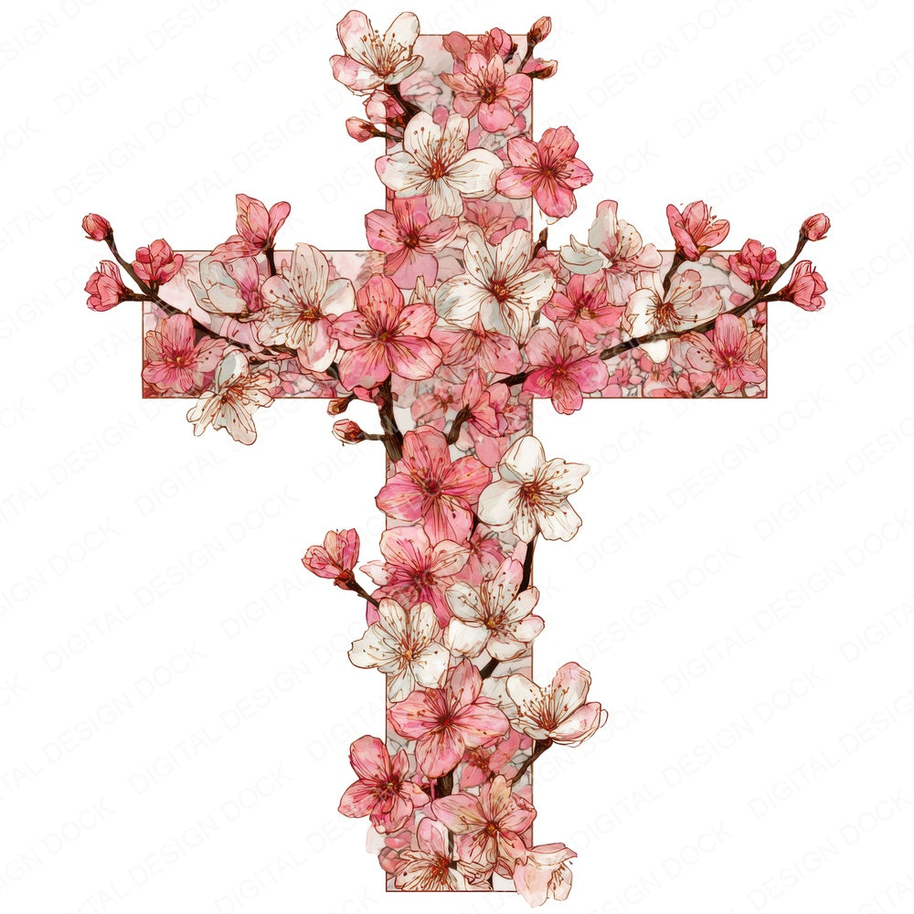 Cross with Cherry Blossoms fussy cut sheet in A4 format showing all 12 designs on one printable page