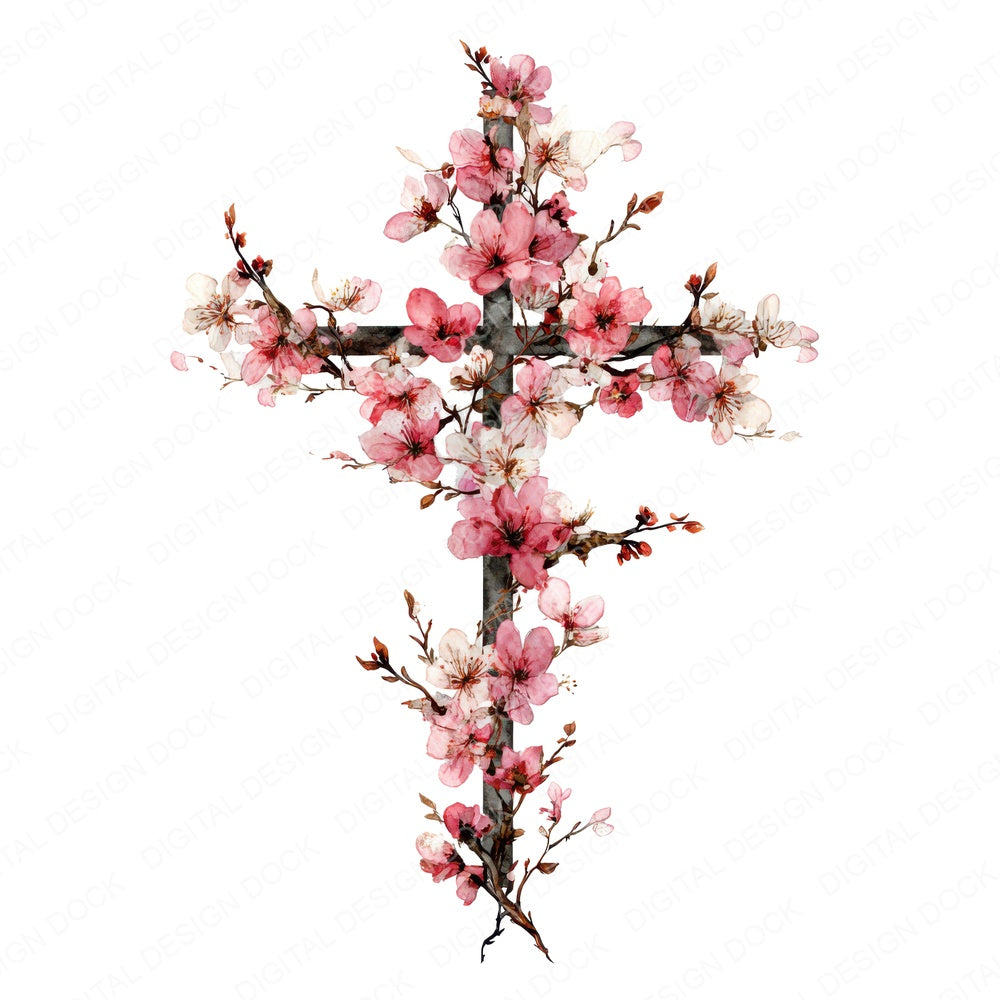 Cross with Cherry Blossoms fussy cut sheet in US Letter format showing all 12 designs on one printable page