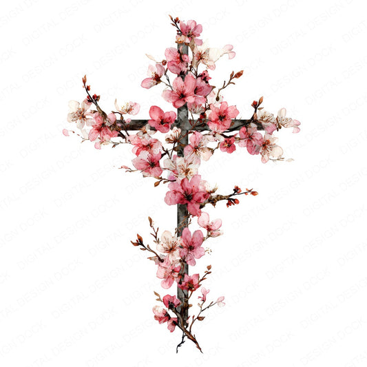 Cross with Cherry Blossoms fussy cut sheet in US Letter format showing all 12 designs on one printable page