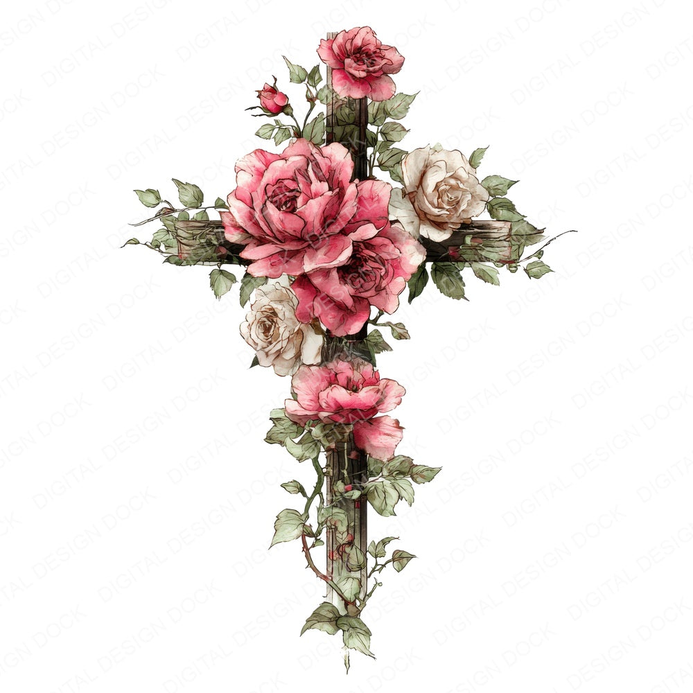 Cross with Pink Roses fussy cut sheet in A4 format showing all 12 designs on one printable page